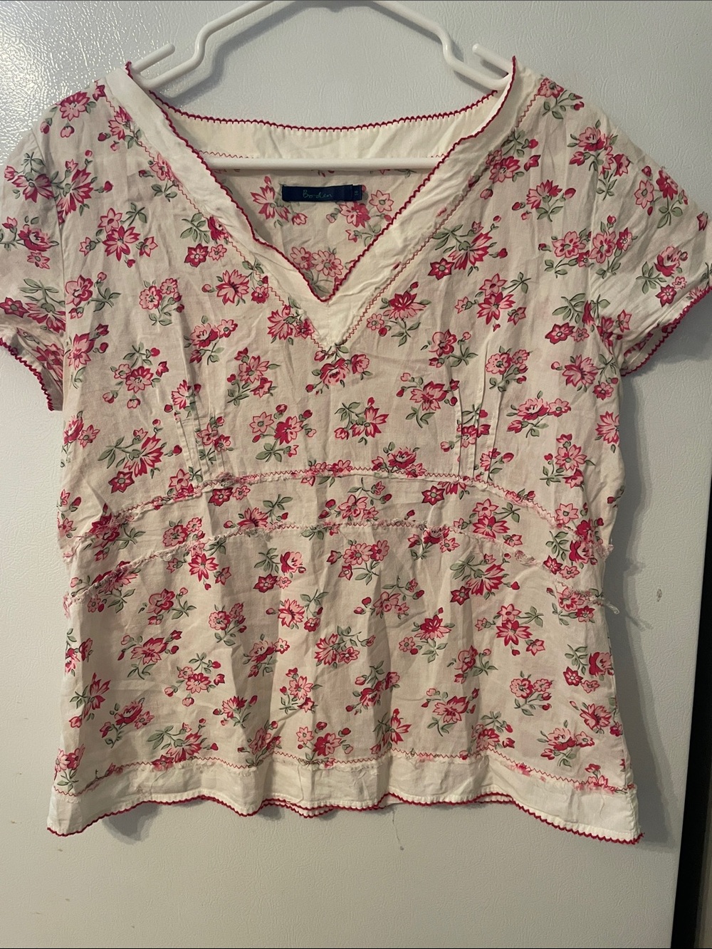 Boden Size 14 100% Cotton White Top Pink Floral Print Cottage Core Whimsy